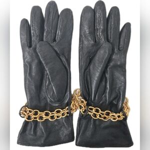 Nordstrom Black Leather Gloves with Gold Chain Accent Size Small